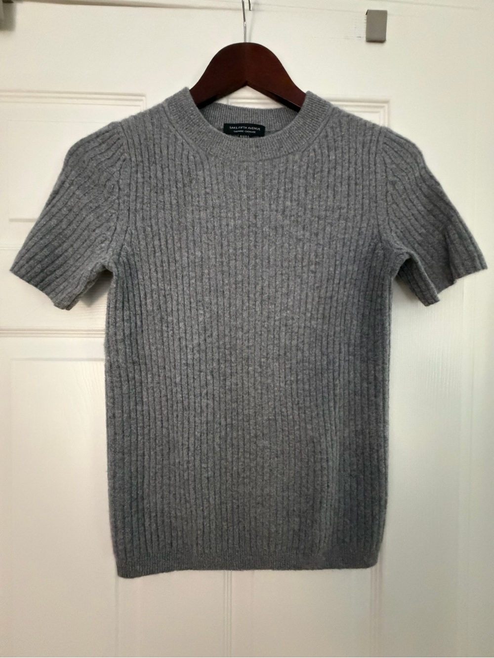 Saks Fifth Avenue Gray 100% Cashmere Ribbed Short-Sleeve Crewneck Sweater